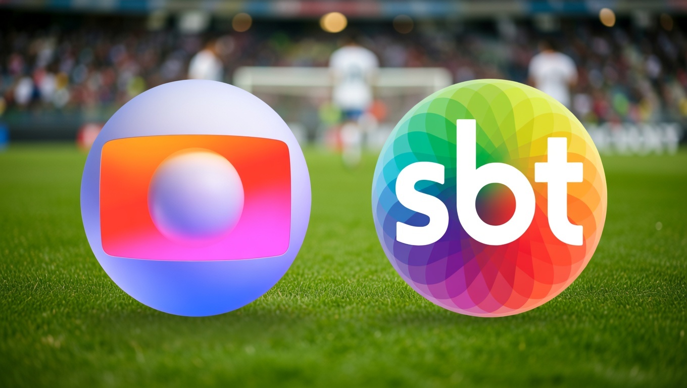 Globo x SBT, logos em cima de um campo de futebol